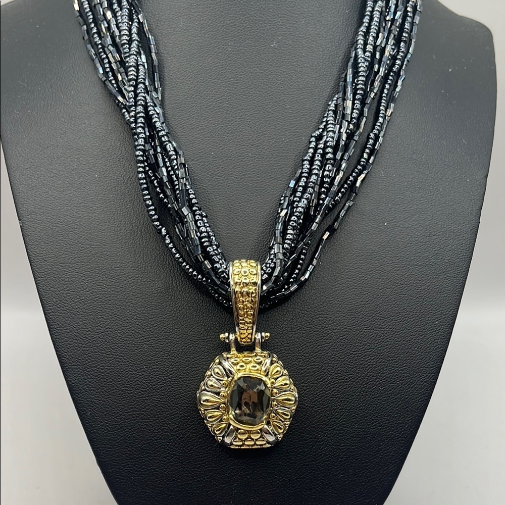 Elegant Black Beaded  Necklace with Gold and Silver tone Pendant  with Quartz